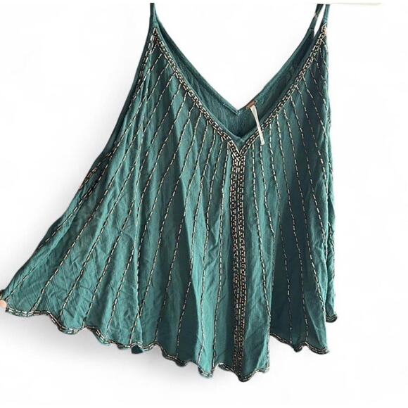 Free People Emerald Green Women’s Beaded V-neck Tank Top Size S Boho Glam - Picture 3 of 6
